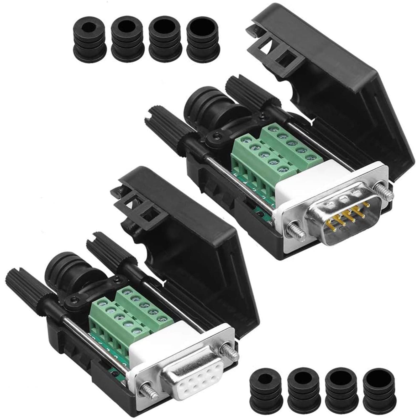 PENGLIN 2PCS DB9 Solderless RS232 D-SUB Serial to 9-pin Port Terminal Adapter Connector Breakout Board with Case Long Bolts Tail Pipe (Male+Female)