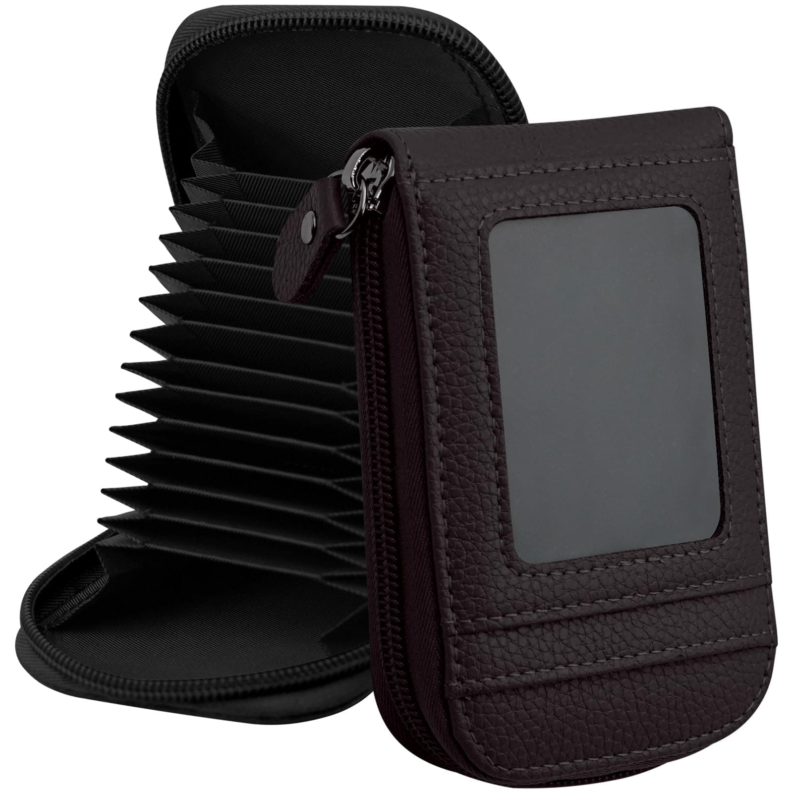 DKER Genuine Leather Mini Credit Card Case Organizer Compact Wallet with ID Window for Men And Women - 2 Pack Black+Coffee