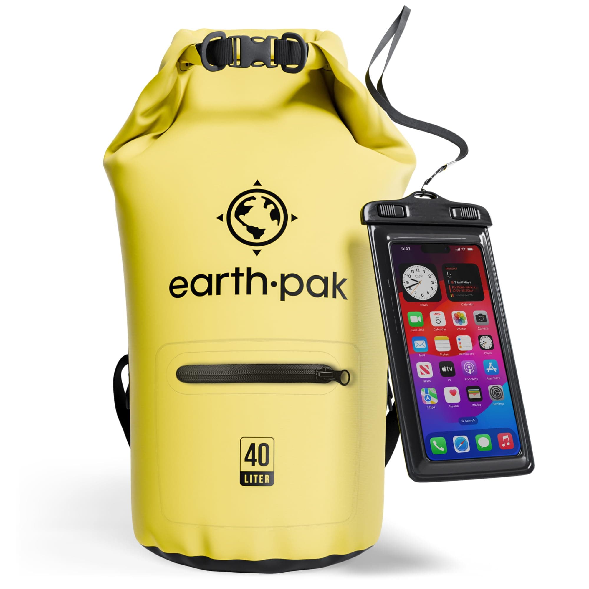 Earth Pak- Waterproof Dry Bag with Front Zippered Pocket Keeps Gear Dry for Kayaking, Beach, Rafting, Boating, Hiking, Camping and Fishing with Waterproof Phone Case