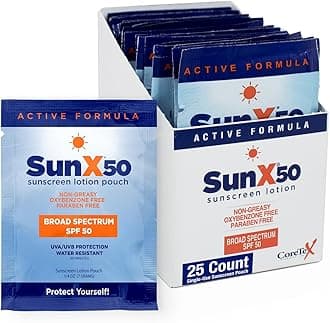 CoreTex Sun X 50 SPF Broad Spectrum Sunscreen Packets - Pack of 25 Paraben, Oxybenzone, Octinoxate, & Oil Free Sunscreen - No White Cast and Water & Sweat Resistant Up to 80 Minutes