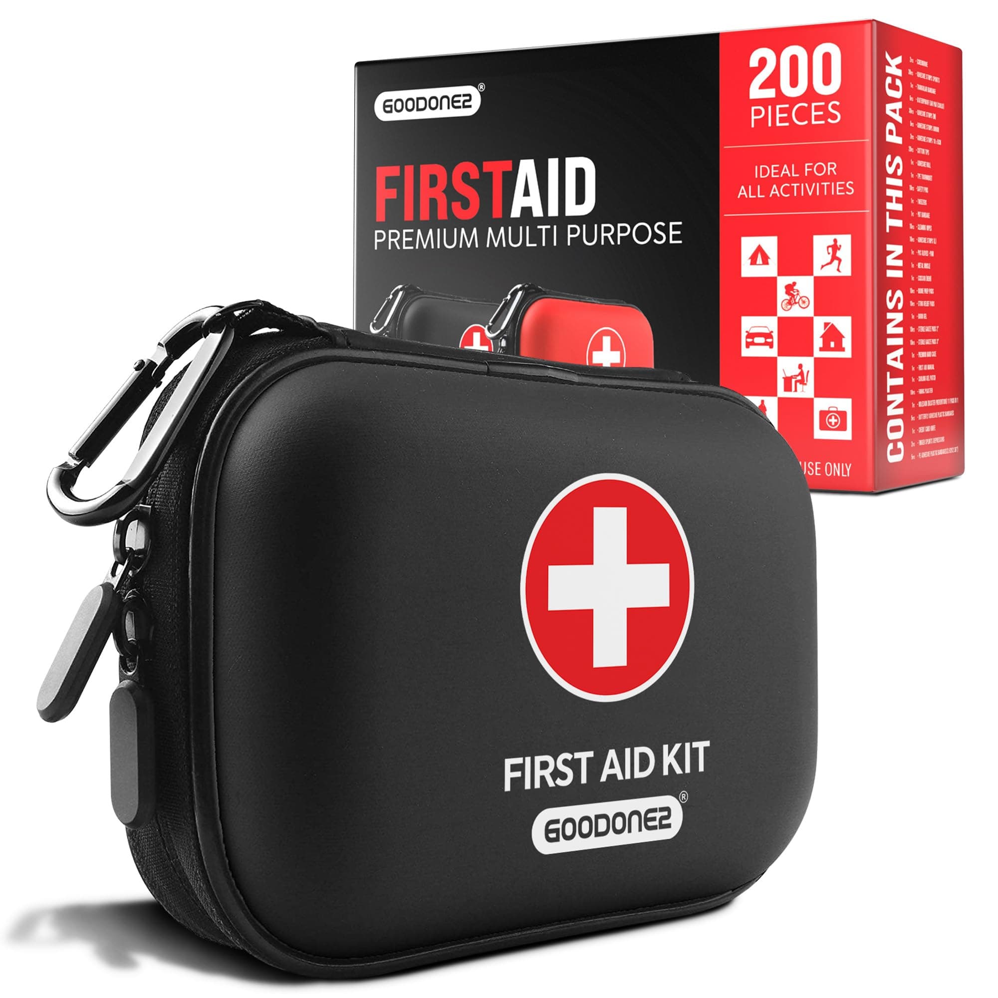 GOODONE2 200 Pcs First Aid Kit + Survival kit for Treat, Protect Minor Cuts, Scrapes. Home, Office, Car, School, Business, Travel, Emergency, Survival, Hunting, Outdoor, Camping & Sports (200-Black)