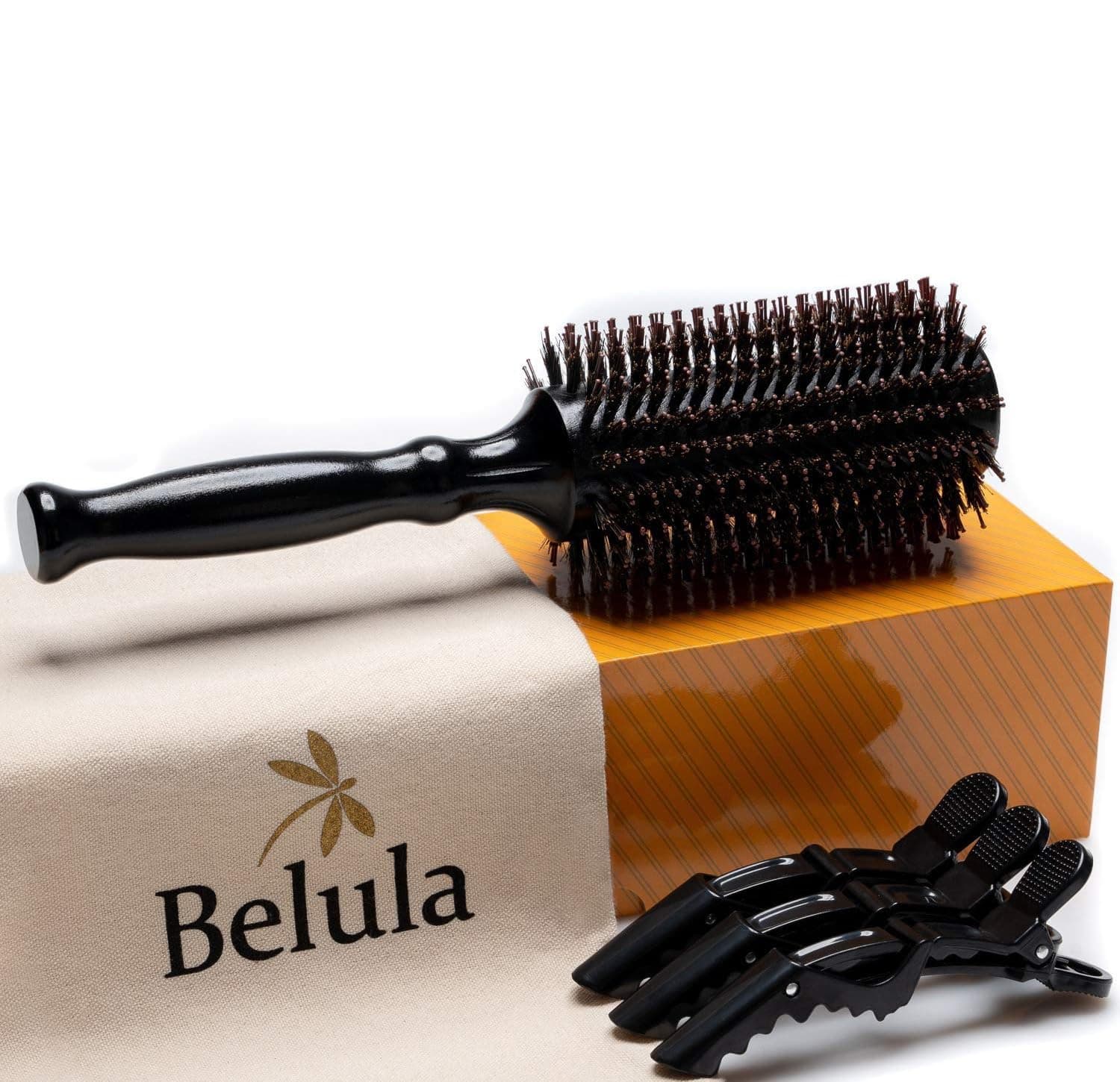 Boar Bristle Round Brush for Blow Drying Set. Round Hair Brush With Large 2.7” Wooden Barrel. Hairbrush Ideal to Add Volume and Body. Free 3 x Hair Clips & Travel Bag.