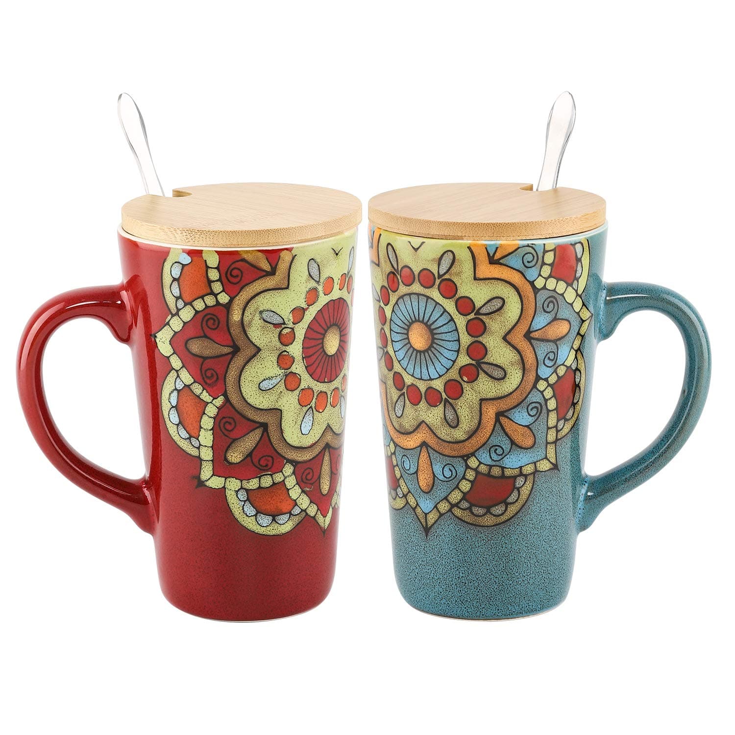 COAWG 17 oz Tall Ceramic Mugs,Handmade Painted Coffee Cup with Wooden Lid and Handle& Spoon Sumflower Tea Mug Great Gift Idea Couple Weeding Present Engagement (Red+Blue Set)