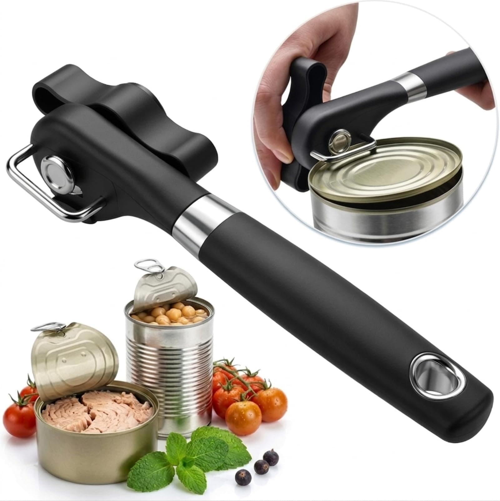 Side Cut Can Opener Smooth Edge, Safety Can Opener with Durable Sharp Blade, Big & Soft Turn Knob & Comfortable Non-Slip Handle, Black