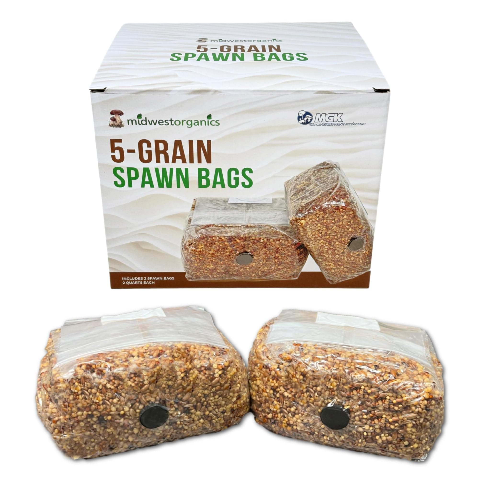 Premium 5-Grain Mushroom Spawn Bags | Sterilized Grain Spawn | Injection Ports | 2 Quarts Each Bag | 2 Bags per Box