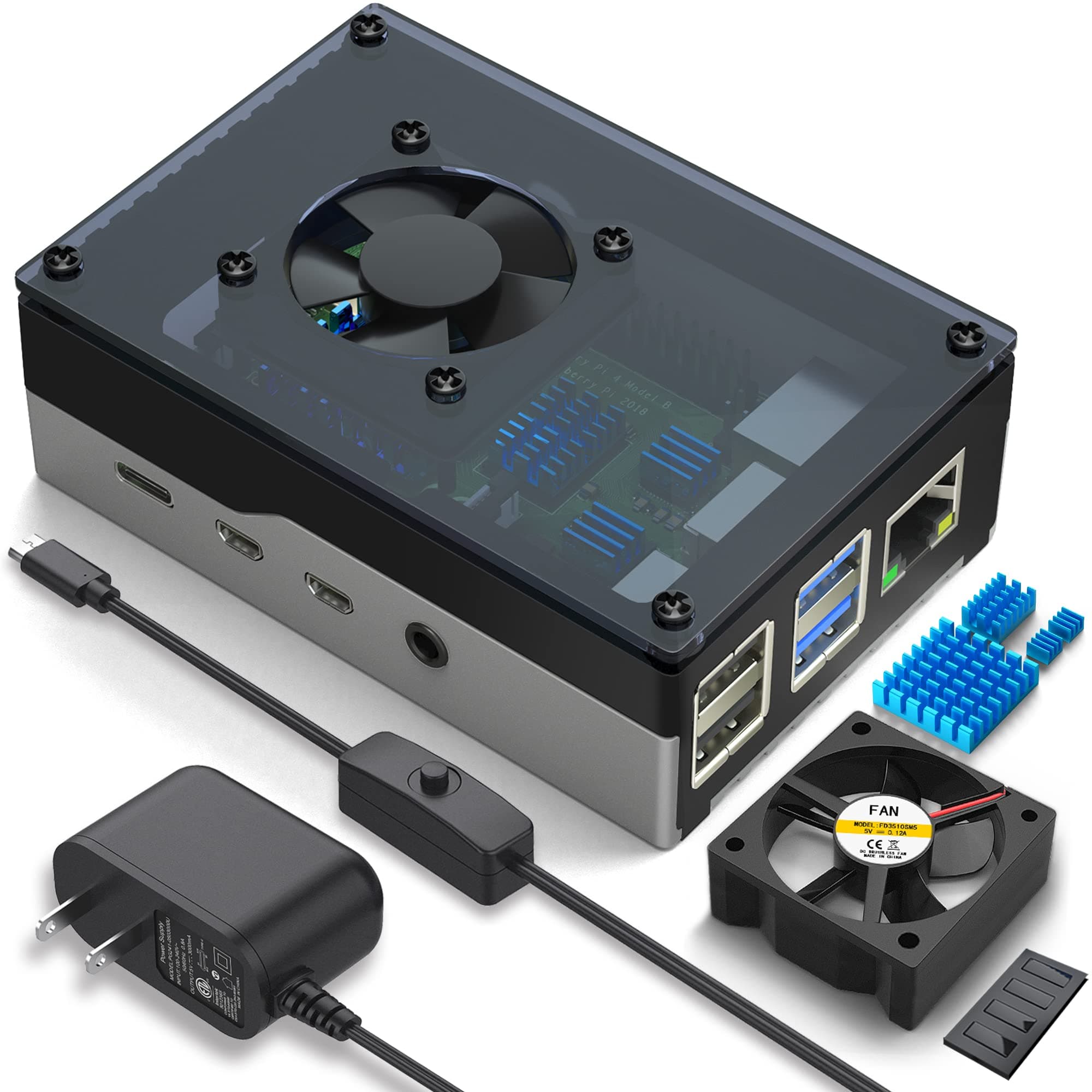 Miuzei Case for Raspberry Pi 4, 4b, 4 8gb, 4gb, 2gb with Fan 35mm, 5V 3A Power Supply, 4 Aluminum Heatsinks, Silvery Black