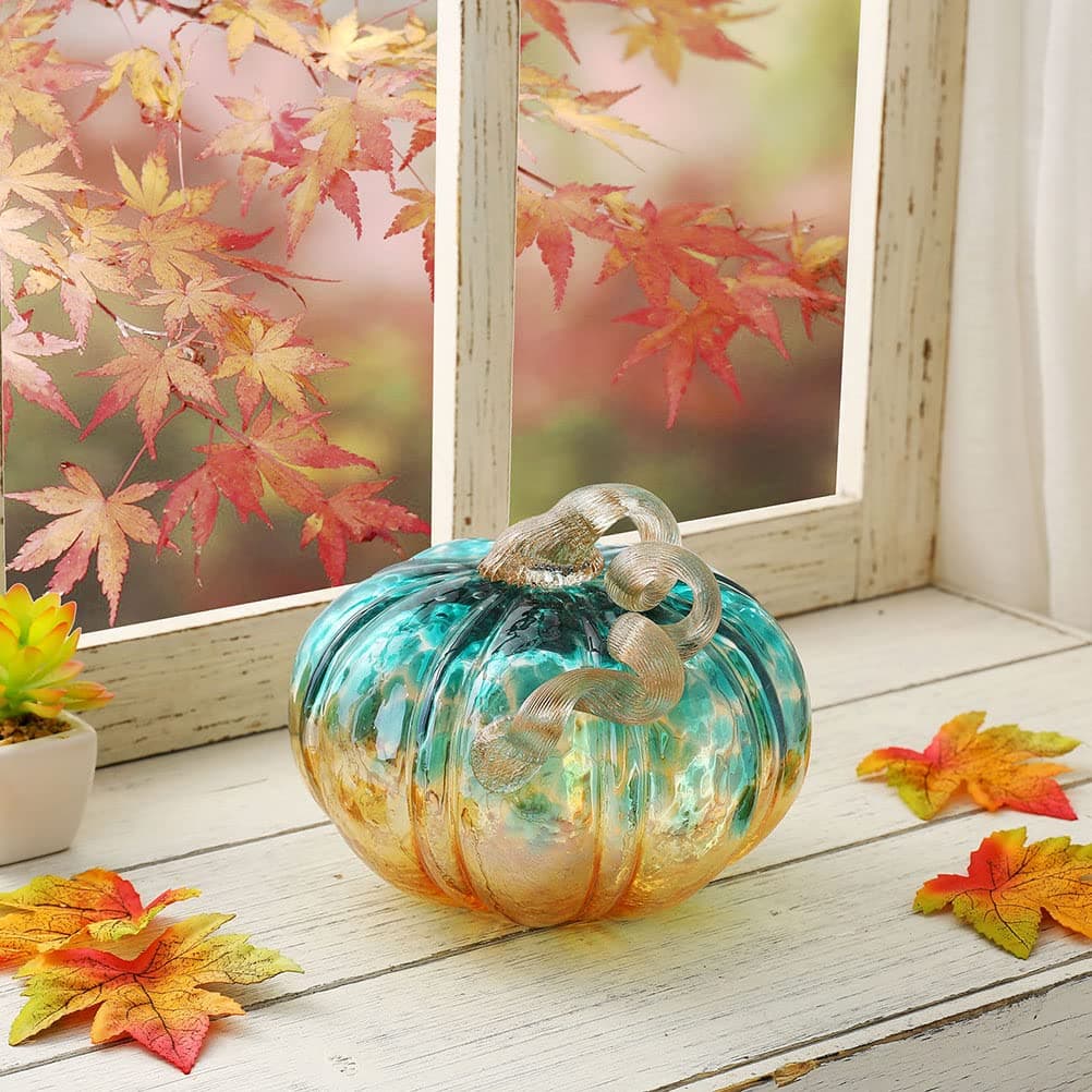 Glitzhome 4.13" H Hand Blown Glass Pumpkin Table Accent for Fall Harvest Thanksgiving Decorating Blue/Gold Glitter