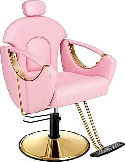Baasha Barber Chair Reclining Hair Salon Chair, All-Purpose Salon Chairs for Hair Stylist, 360 Degrees Rolling Swivel Styling Chairs, Shampoo Chair Tattoo Chairs-Pink