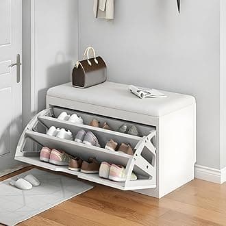 LITFAD Modern Shoe Storage Bench with Doors - Entryway Bench with Cushion Seat - Hallway Bench with Hidden Shoe Storage - Free Standing Organizer - 24" L x 12" W x 18" H - White