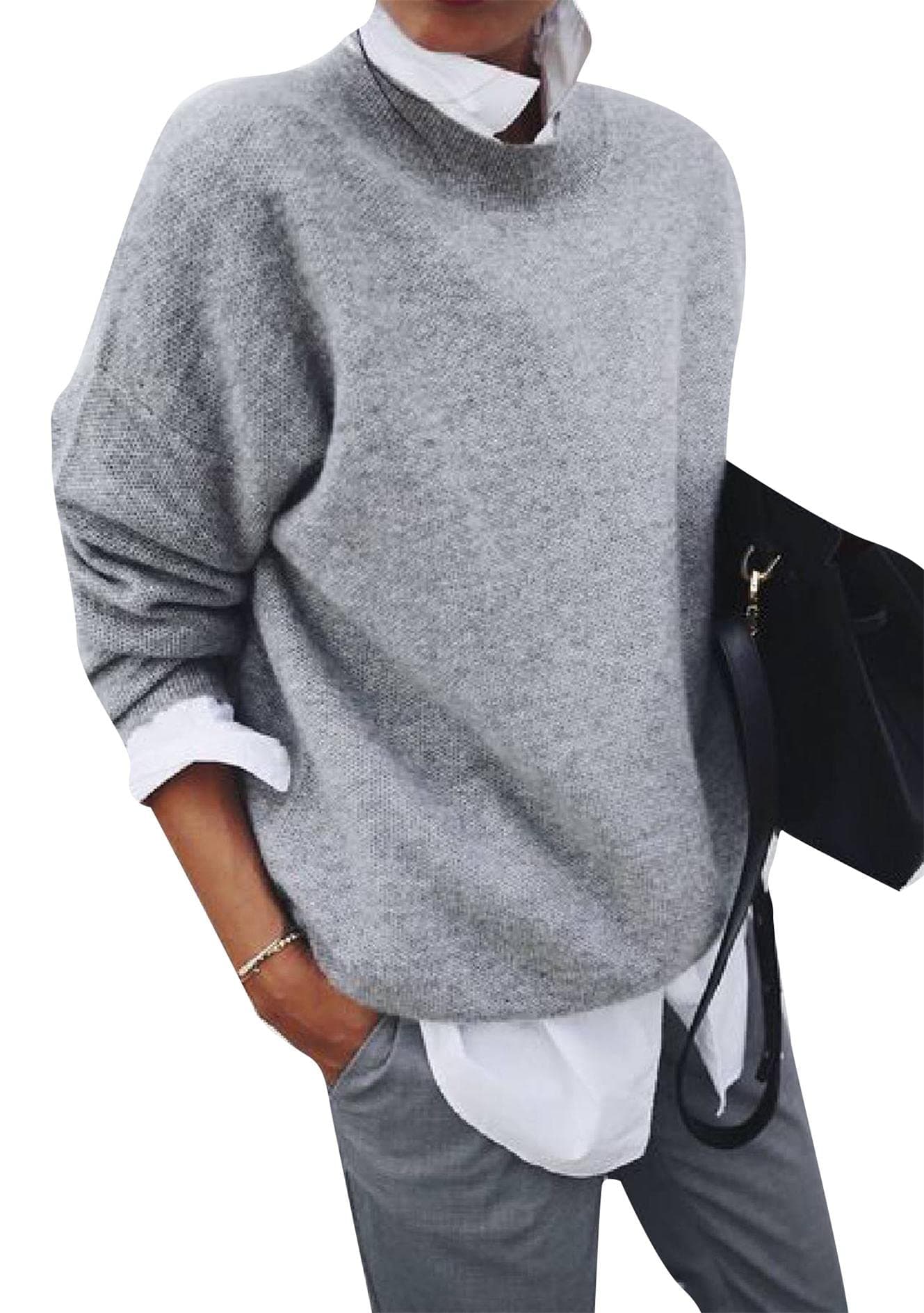 GORIFEWomen's Winter Loose Sweaters Lapel Collar 2 in 1 Style Blouse Solid Long Sleeve Pullovers