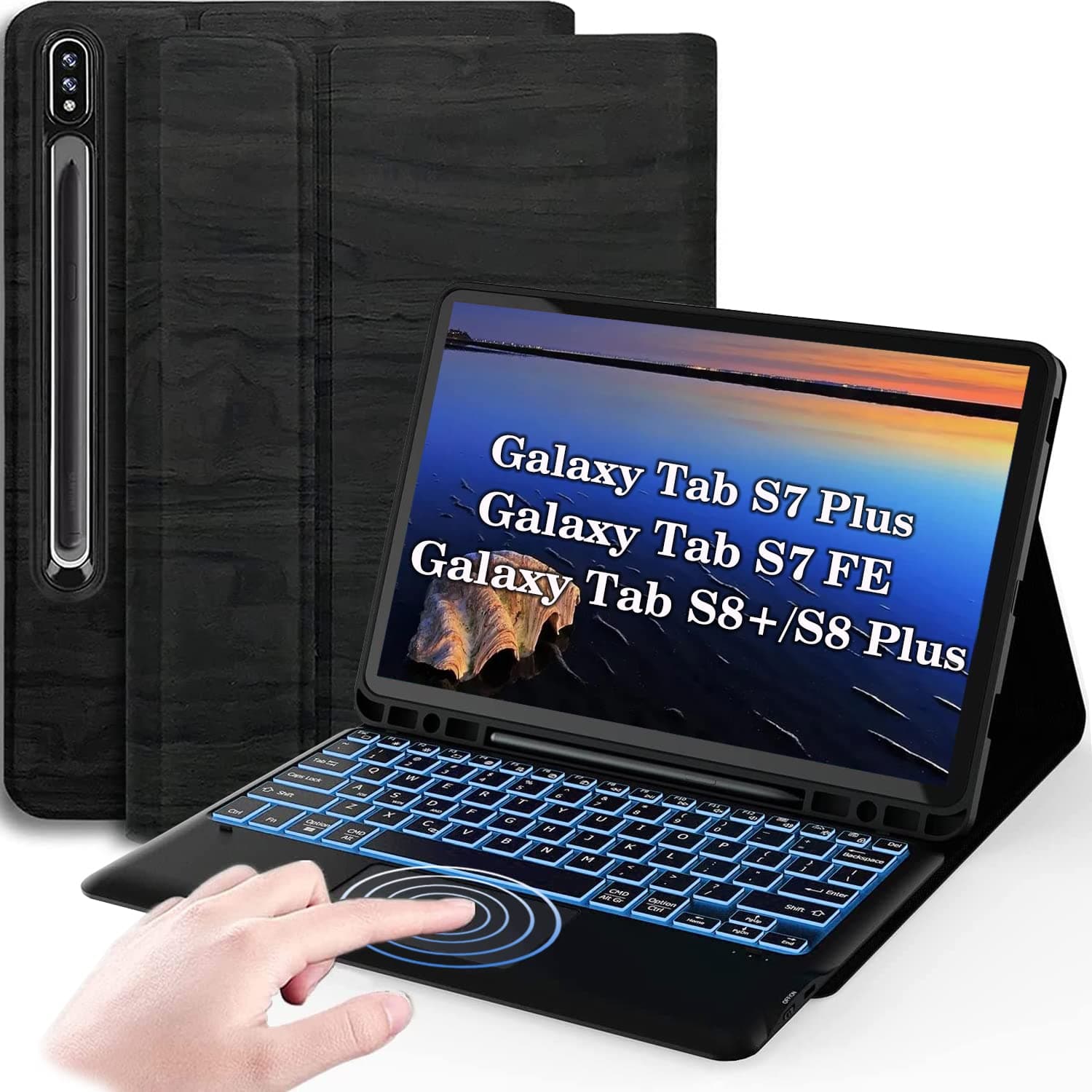 Wineecy Backlit Keyboard Case for Samsung Galaxy Tab S8+ /S8 Plus (SM-X800/X806) /S7 FE (SM-T730/T736B) /S7+ Plus, Premium PU Cover Case with 7 Colors Backlight Detachable Wireless UK Layout Keyboard