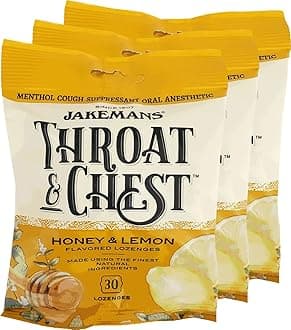 Jakemans Honey and Lemon Throat & Chest Lozenges Cough Drops – Cough, Sore Throat and Seasonal Distress Soothing Relief – Liquid Drop Shape – 30 Lozenges (3 Pack)