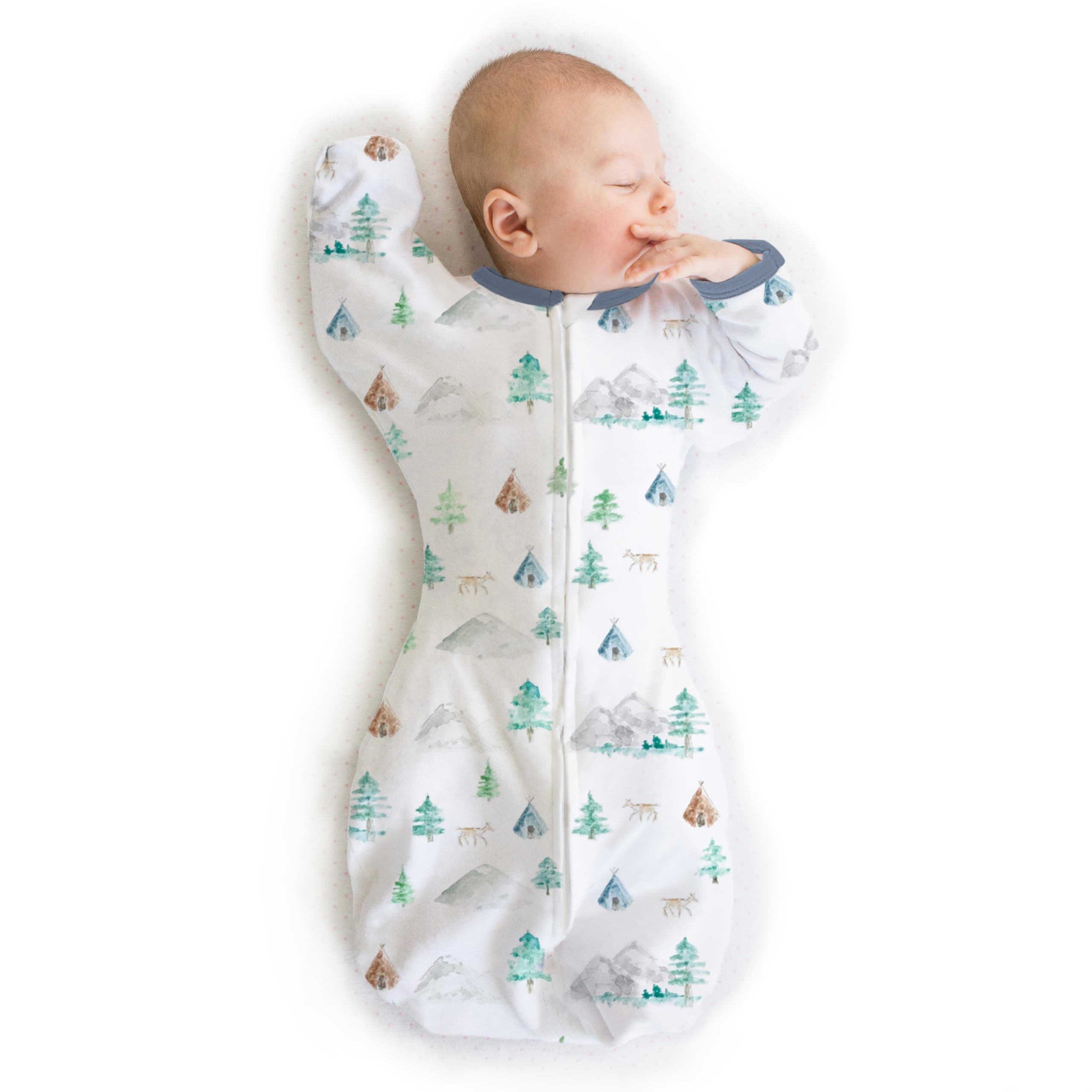 SwaddleDesigns Transitional Swaddle Sack, Arms Up Half-Length Sleeves & Mitten Cuffs, Swaddle for Newborn Transition to Baby Sleep Sack Wearable Blanket, 3-6 mo, 14-21 lb, Watercolor Mountains & Trees