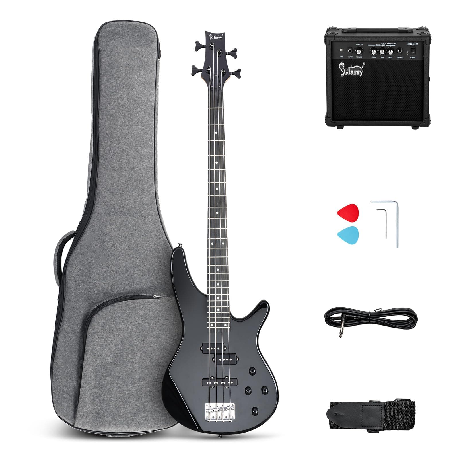 4 String Electric Bass Guitar Beginner Kit,GIB Series Full Size Solid Body Bass Guitar with 20W AMP, Gig Bag Backpack and Accessories (Black)