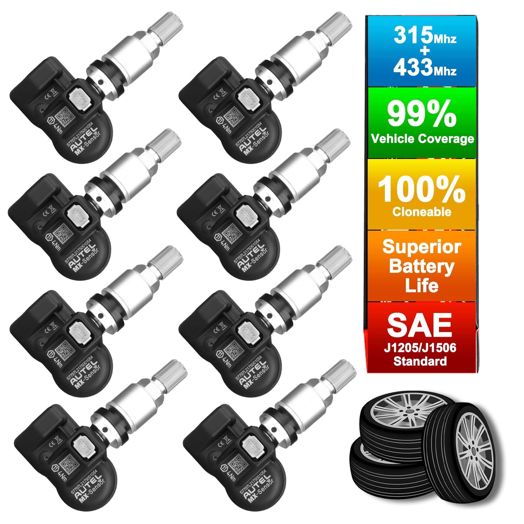 TPMS Sensors, Programmable Mx Sensor for Tire Pressure, 315MHz + 433MHz, Press-in OE-Level(8pcs, Metal valves) Programmed by TS508 TS408 TS508WF TS608 TS900 MS906TS ITS600 PRO MS906PRO-TS