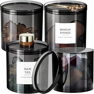 SheeChung Stackable Qtip Holder with Storage Lids for Cotton Swabs, Balls, Pads, Floss Picks-4 Pack Acrylic Apothecary Jar Bathroom Accessories for Bathroom Counter Organizer (4pack 20oz)