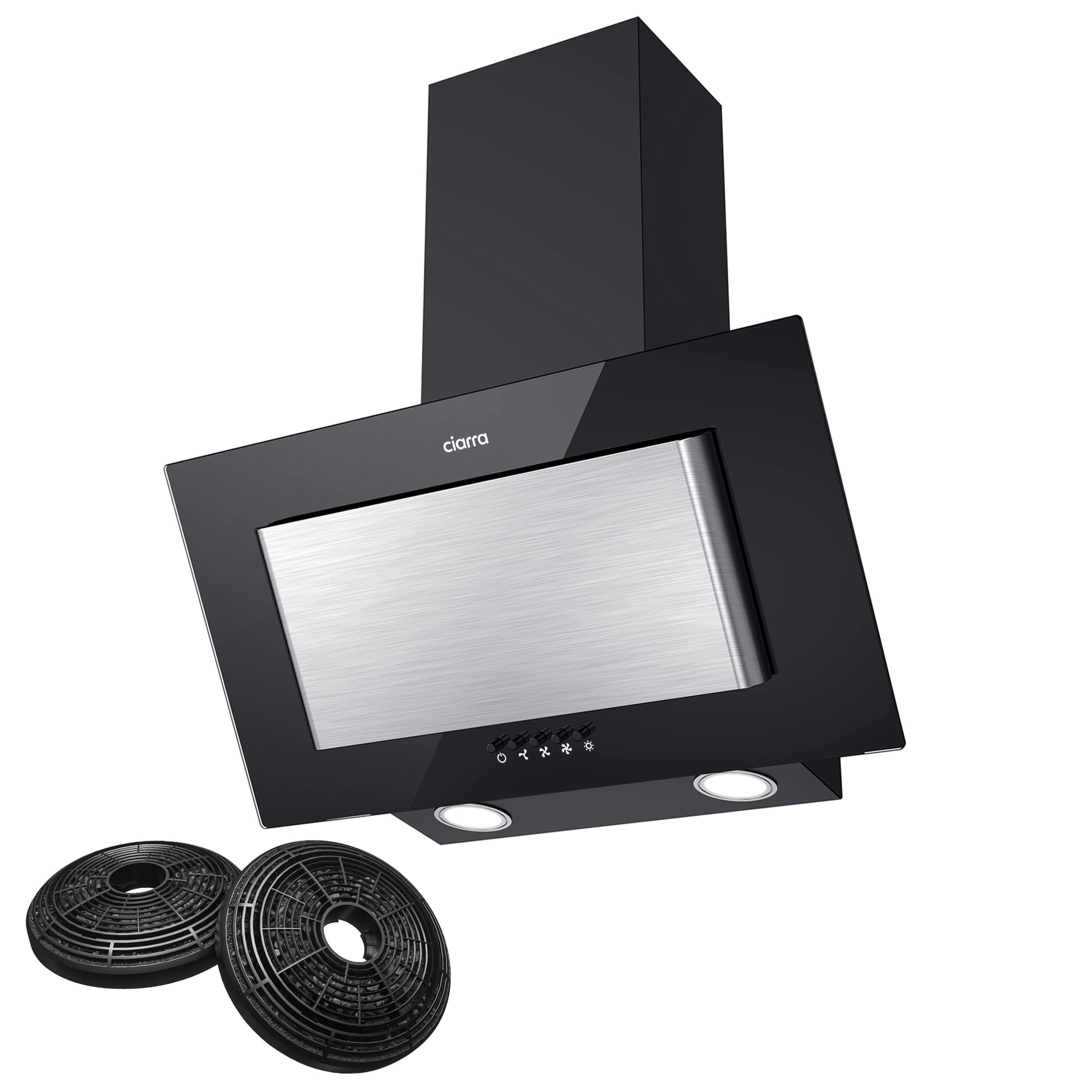 CBCB6736D Class A Angled Cooker Hood 60cm Black with CBCF002X2 Carbon Filters Chimney Vent Hood with LED Lights Ducted & Ductless Wall Mounted Kitchen Extractor Fan