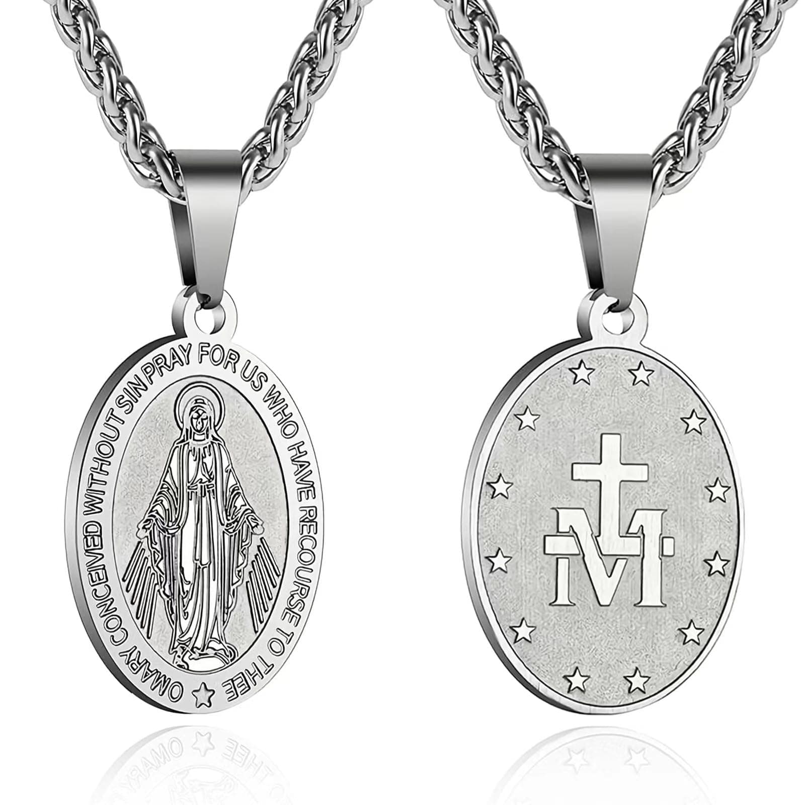 Oval Saint Christopher/Michael/Joseph/Jude/Virgin Mary/Joseph/Francis/Patrick/Anthony/Benedict/Thomas Necklace for Men Women, Stainless Steel Catholic Patron Pendant with Chain 24 Inches