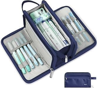 Sooez Large Pencil Case, Big Capacity Pencil Pouch Pen Bag with 3 Compartment, Portable Canvas Stationery Organizer with Zipper, Cute Aesthetic School Supplies for Teen Girls Boy College, Navy Blue