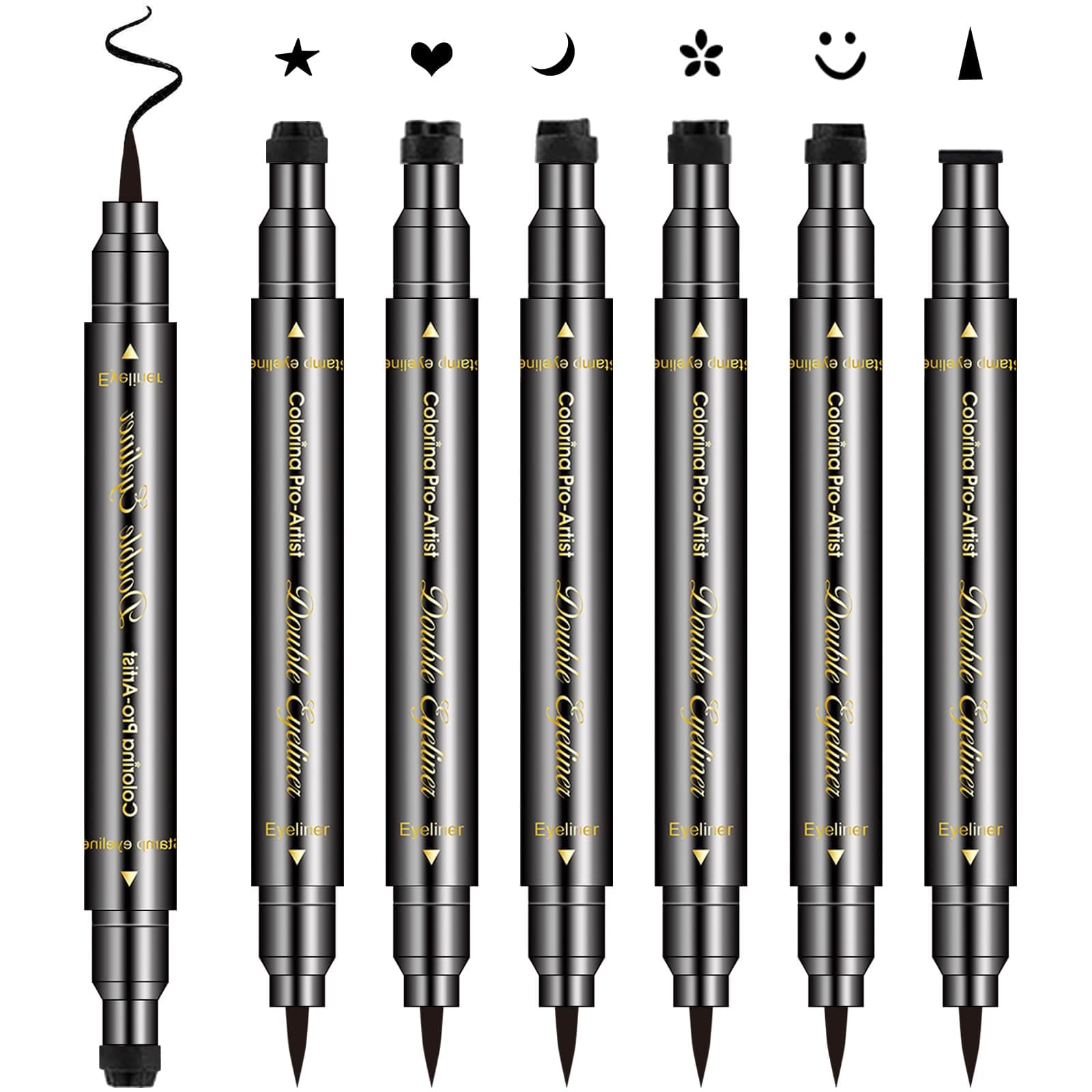6PCS Double-headed Eyeliner Stamp Pen Set, Black Stencil, Winged Eyeliner Tattoo Tool, Star Moon Heart Eye Makeup