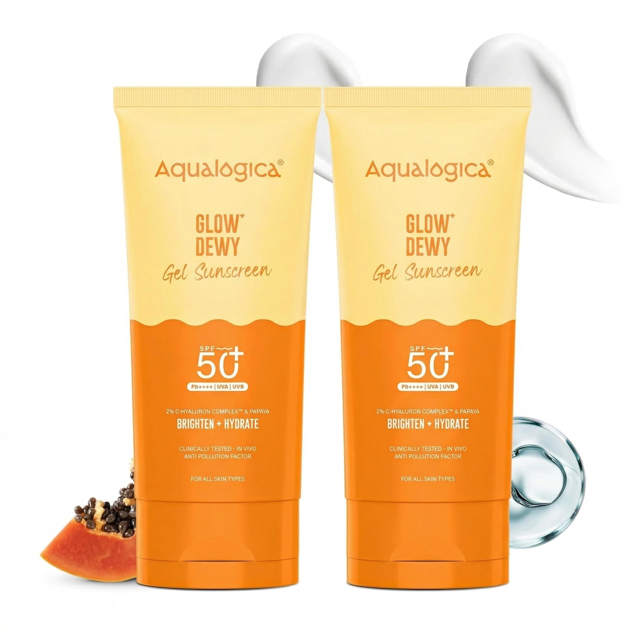Glow+ Dewy Gel Sunscreen - 80 g x 2 | SPF 50+ PA++++ | In-Vivo Tested | New-age Filters | 12-Hour* Sun Protection | Tan Protection | For Bright & Hydrated Skin | Fragrance-Free & No White Cast | C-Hyaluron Complex™ & Papaya | Broad Spectrum UVA/B & Blue Light Protection | Lightweight | For Men & Women