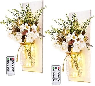 Rustic Wall Sconces Mason Jar Sconces Handmade Wall Art Hanging Design with Remote Control LED Fairy Lights and White Peony, Christmas Decor Gifts Farmhouse Home Decor Living Room Lights Set of Two