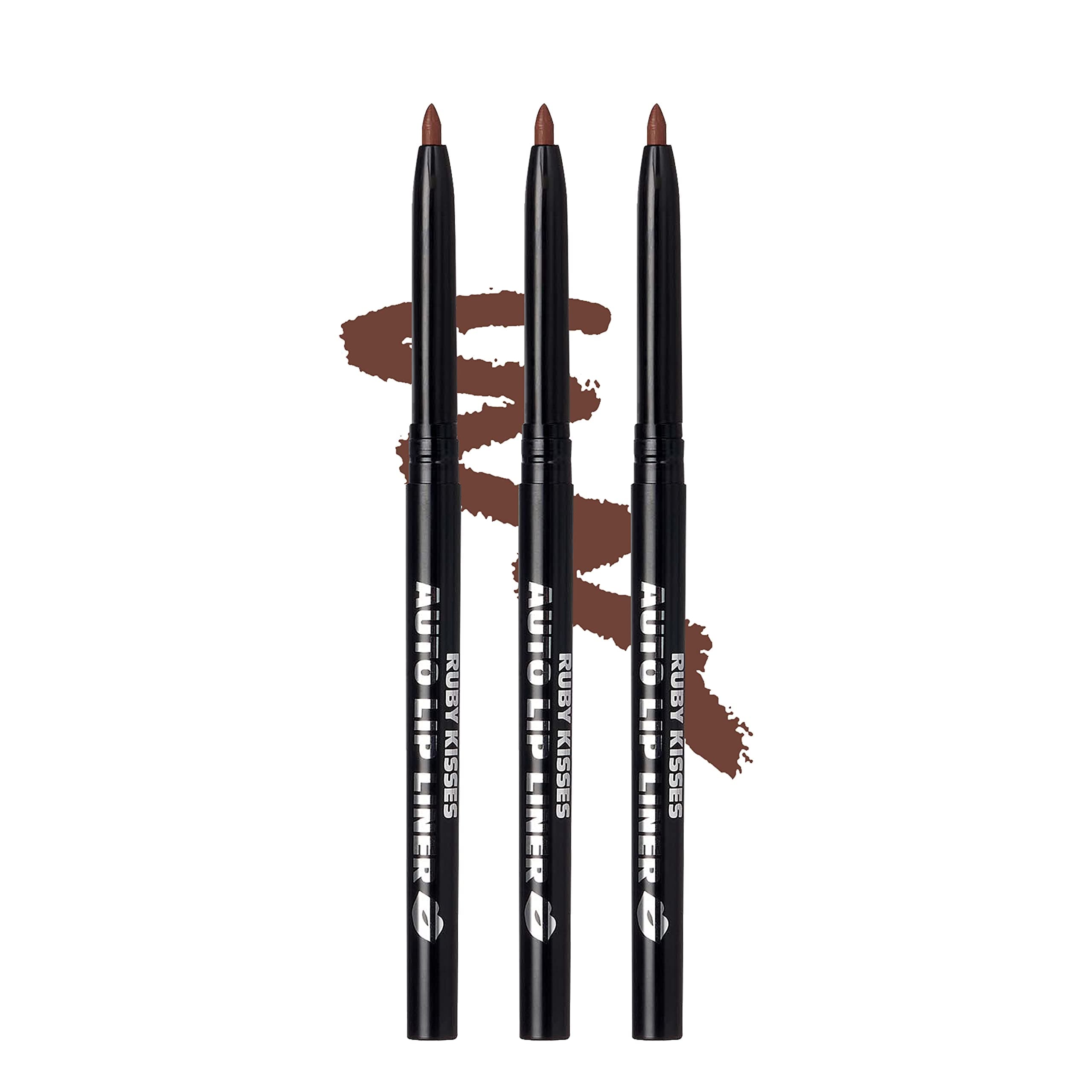 Auto Lip Liner Pencil (Brown 3 Pack), Long Lasting & Non-Fading, Smooth Application, Non-Feathering with Rich Pigmented Color, No Sharpener Needed, Ideal for Full Lips Look