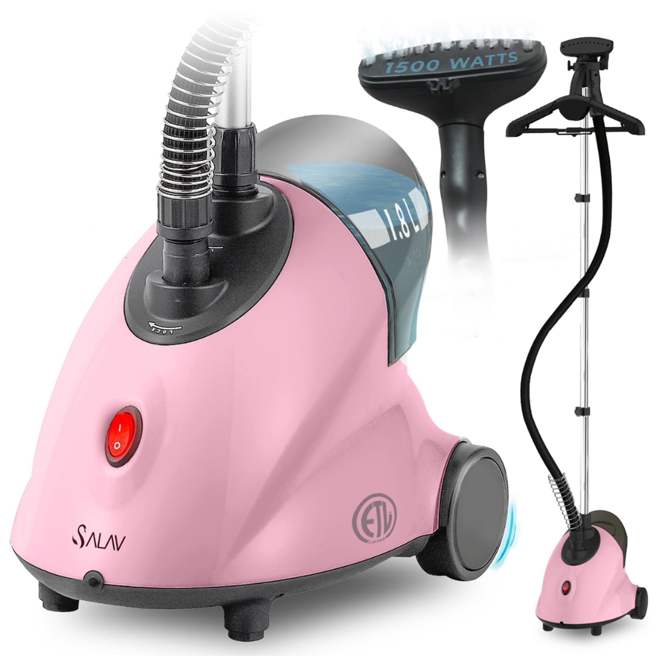 GS18-DJ Standing Garment Steamer with Roll Wheels for Easy Movement, 1.8L Water Tank for 1 Hour Continuous Steaming, Adjustable Pole for Storage, 1500 watts (Clothes Steamer Only, Pink)