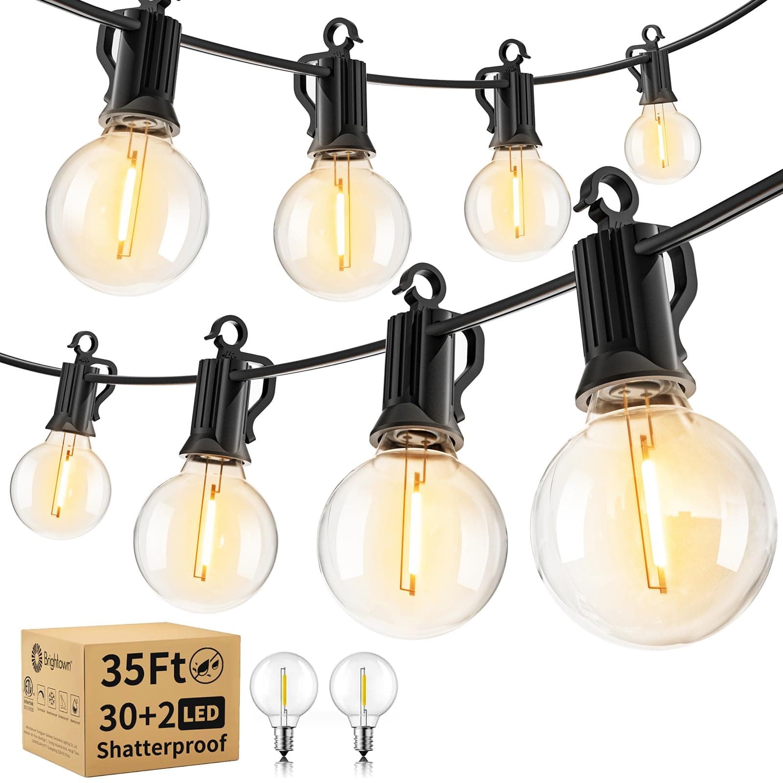 Brightown Outdoor String Lights - Waterproof Globe Patio Lights 35 Ft with 30 G40 Shatterproof LED Bulbs, Connectable Commercial Hanging Light for Backyard, Bistro, Porch, Cafe, Deck, Garden