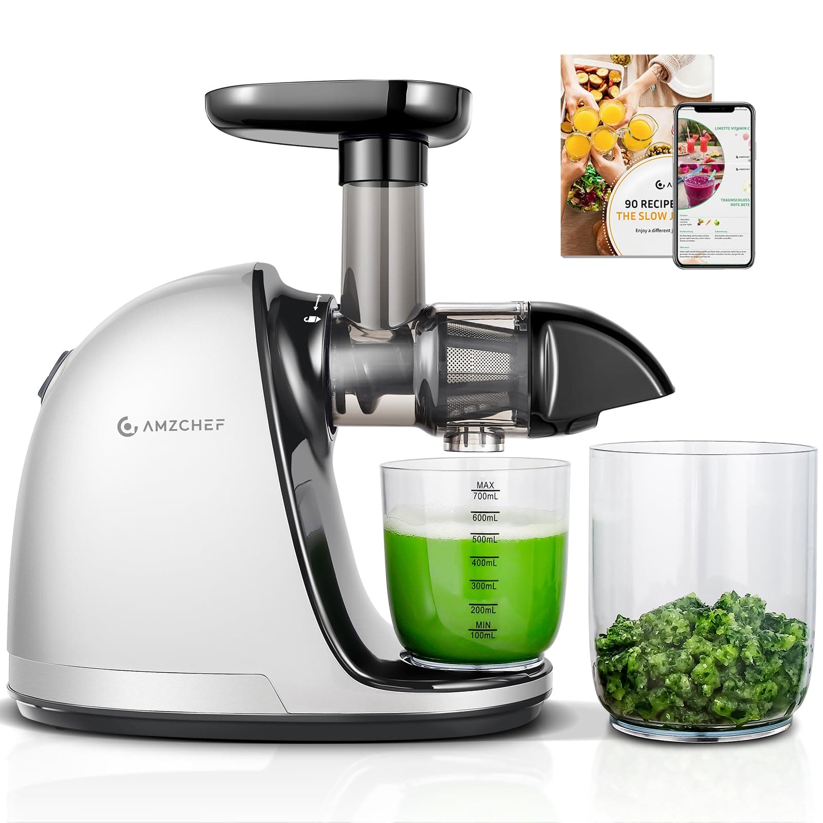 AMZCHEF Juicer Machines - Cold Press Slow Juicer - Masticating Juicer for Whole Fruits and Vegetables - Delicate Chew No Need to Filter - BPA Free Juice Extractor with 2 Cups and Brush - White [Energy Class A+++]