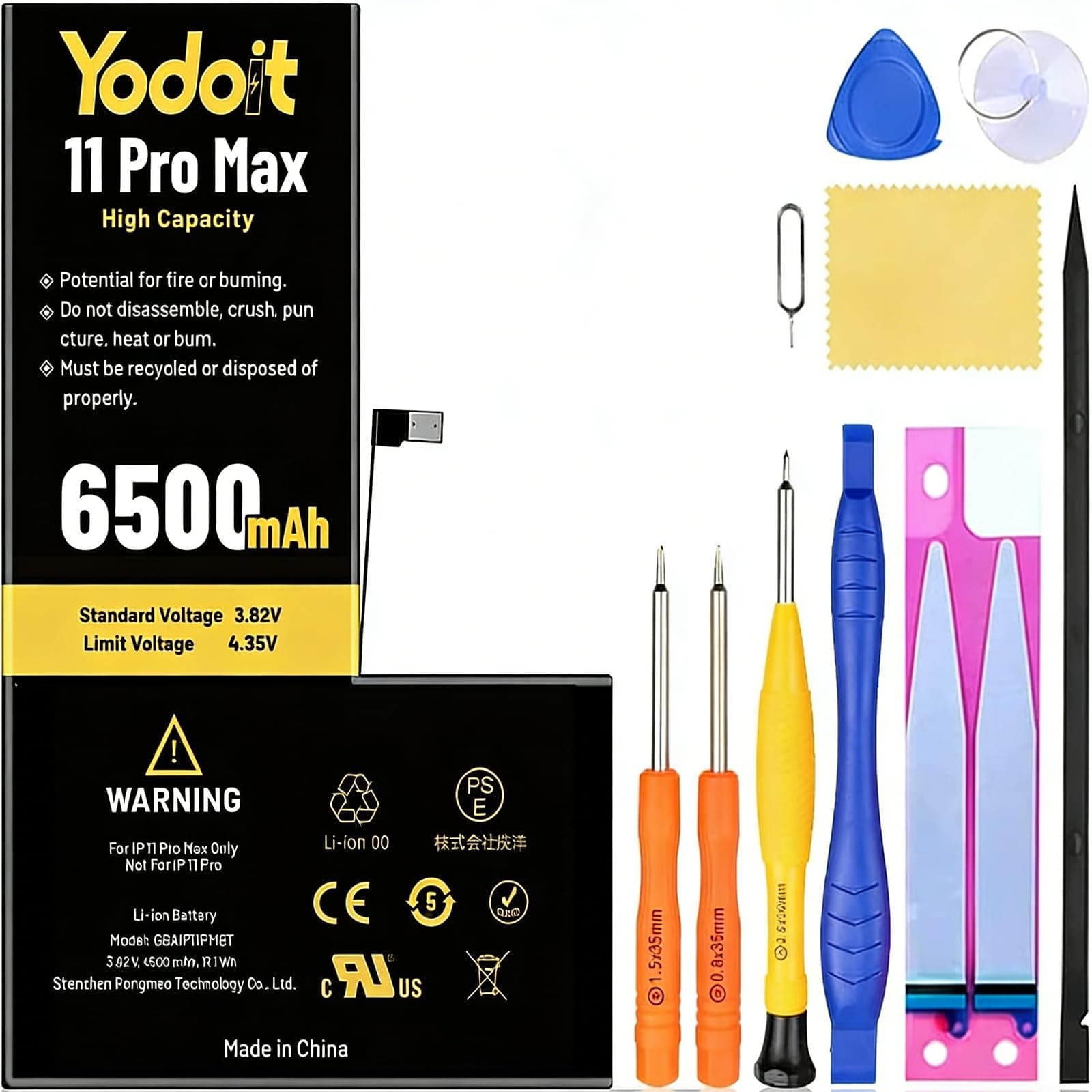 Yodoit for iPhone 11 Pro Max Battery Replacement 6500mAh Battery High Capacity 0 Cycle Replacement for Model A2161, A2218, A2220 with Repair Tool Kit & Adhesive