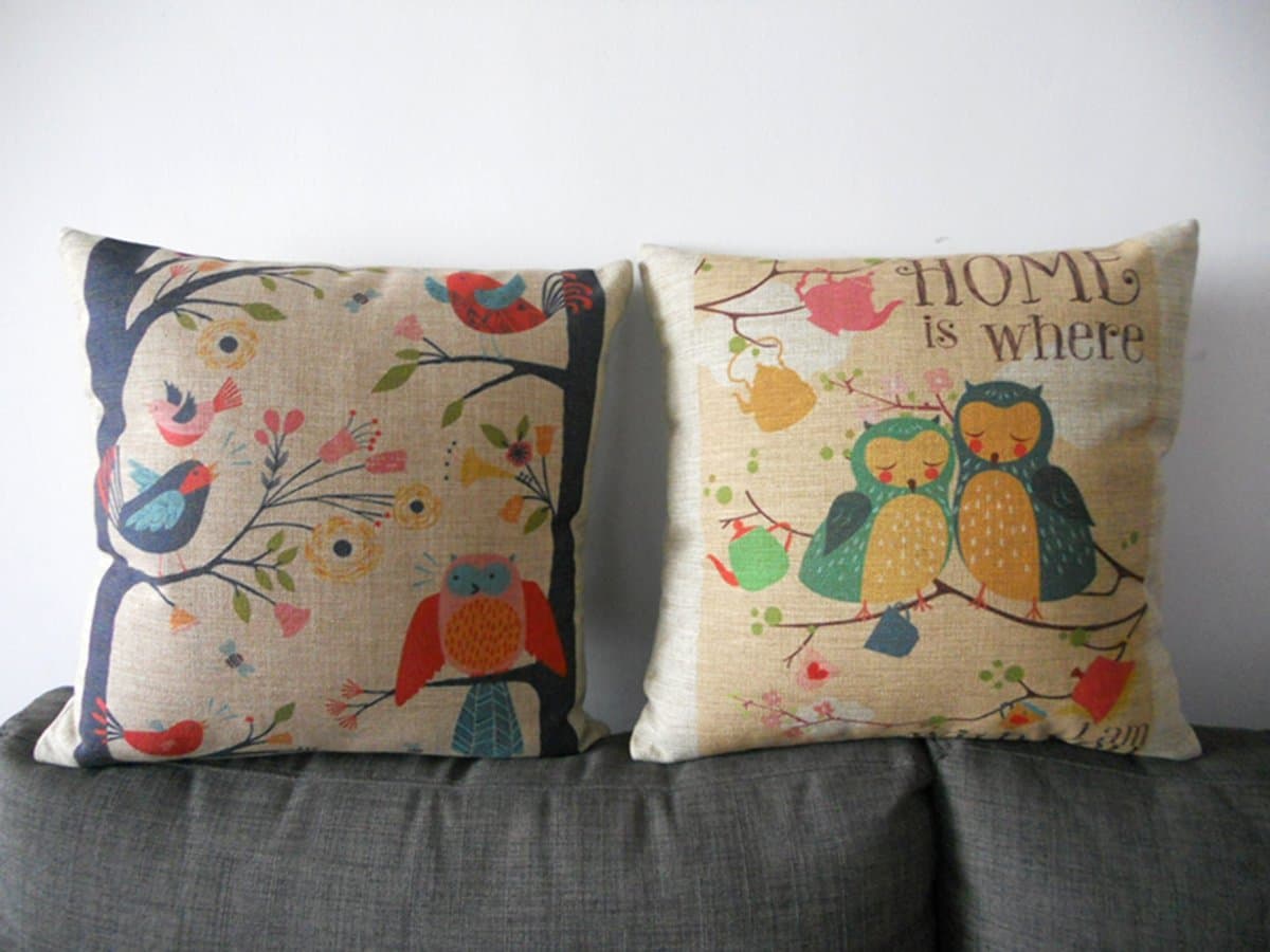 Decorbox 2 Pieces Decorative Cotton Linen Square Throw Pillow Case Cushion Cover Throw Pillow Shell Pillowcase Cute Birds 18 "X18 "