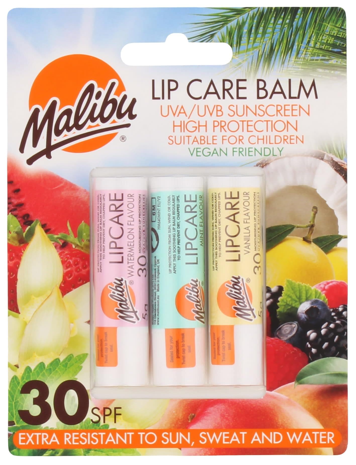 Malibu Sun SPF 30 Lip Balm Sunscreen, Watermelon, Mint and Vanilla, 3 x 5g,