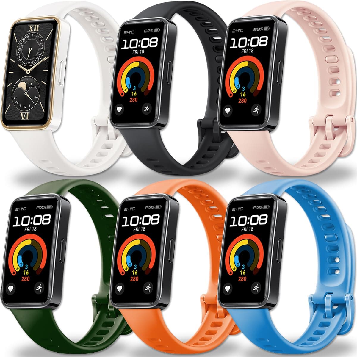 6-Pack Repleacement Bands for HUAWEI Band 10/9/8, Colorful Sporty Straps, Soft & Breathable, Quick Release