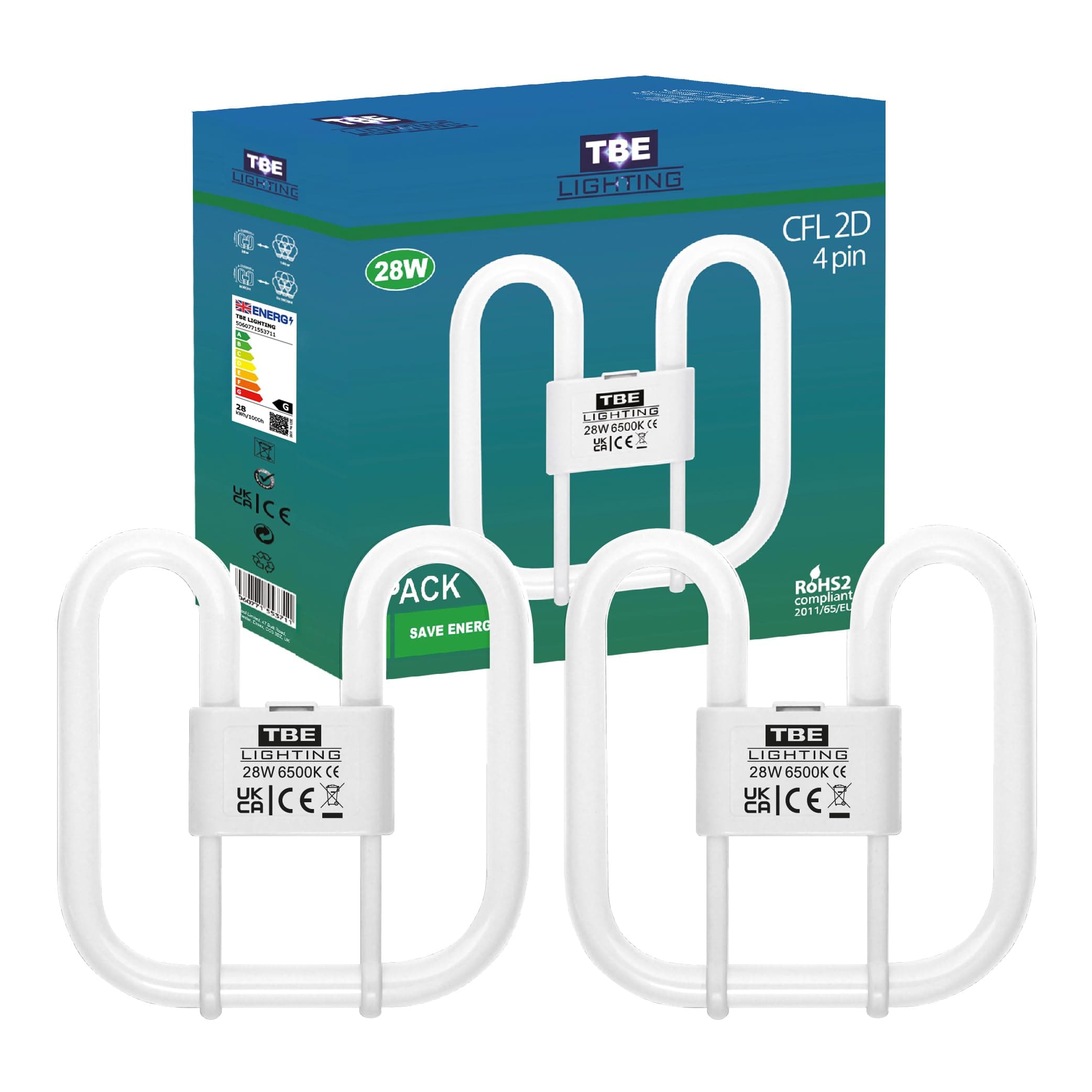 – TBE LIGHTING 28w 2D 4-PIN CFL Energy Saving Lamps - DD Fluorescent Bulbs - 4-Pin GR10q Base Fittings - Long Life Lamp, Day Light White 6500K (2 Pack)