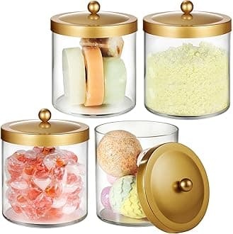 SheeChung4 Pack 50 Oz Large Apothecary Jar with Metal Lid, Plastic Containers Canisters with Stickers Spoons, Bathroom/Laundry/Kitchen/Pantry Vanity Countertop Storage Organizer Decor(Gold)