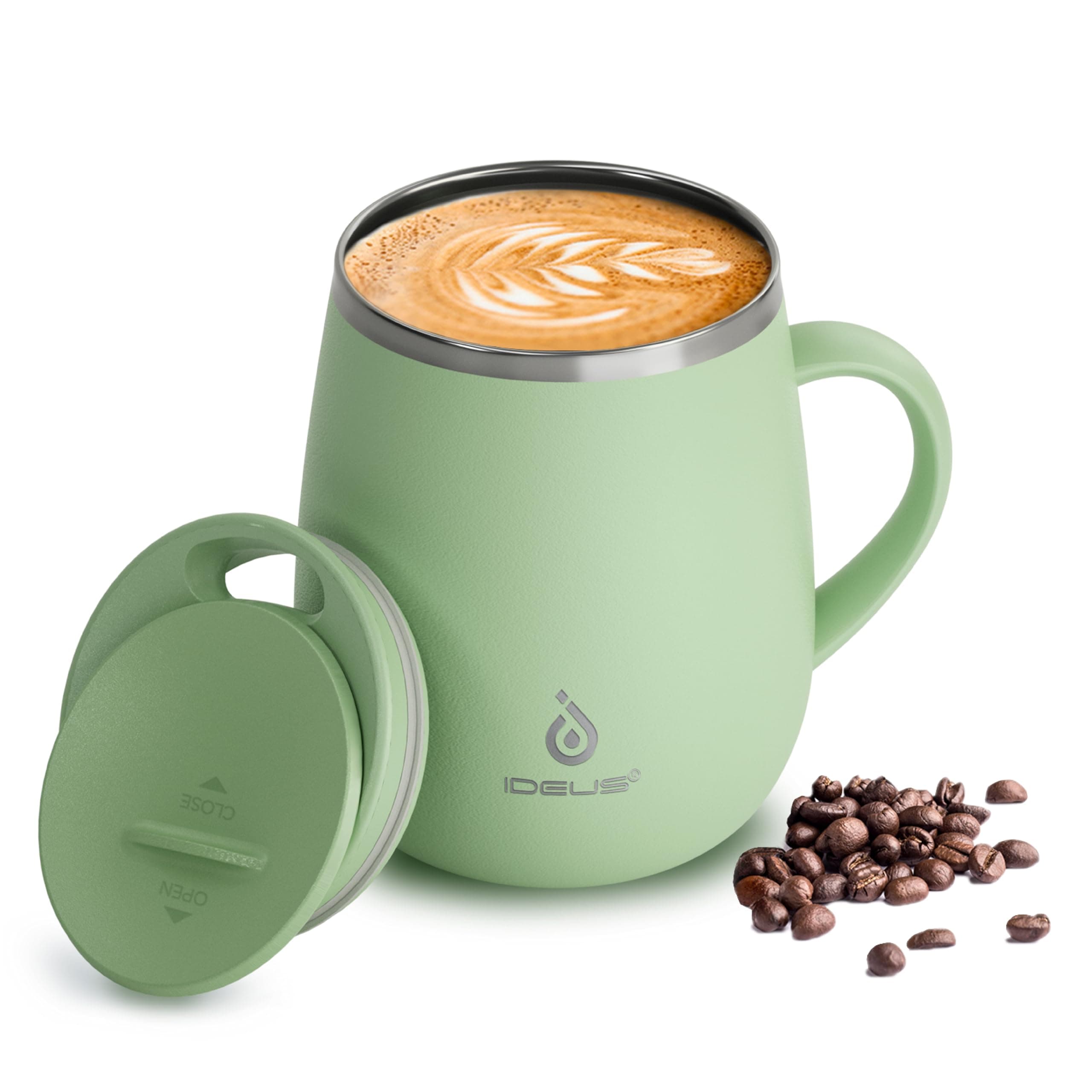 IDEUS 16 oz Insulated Coffee Mug with Handle and Lid, Double Wall Stainless Steel Vacuum Insulated Tumbler Cup, Travel Coffee Cup Thermal Cup for Home and Office, Avocado Green