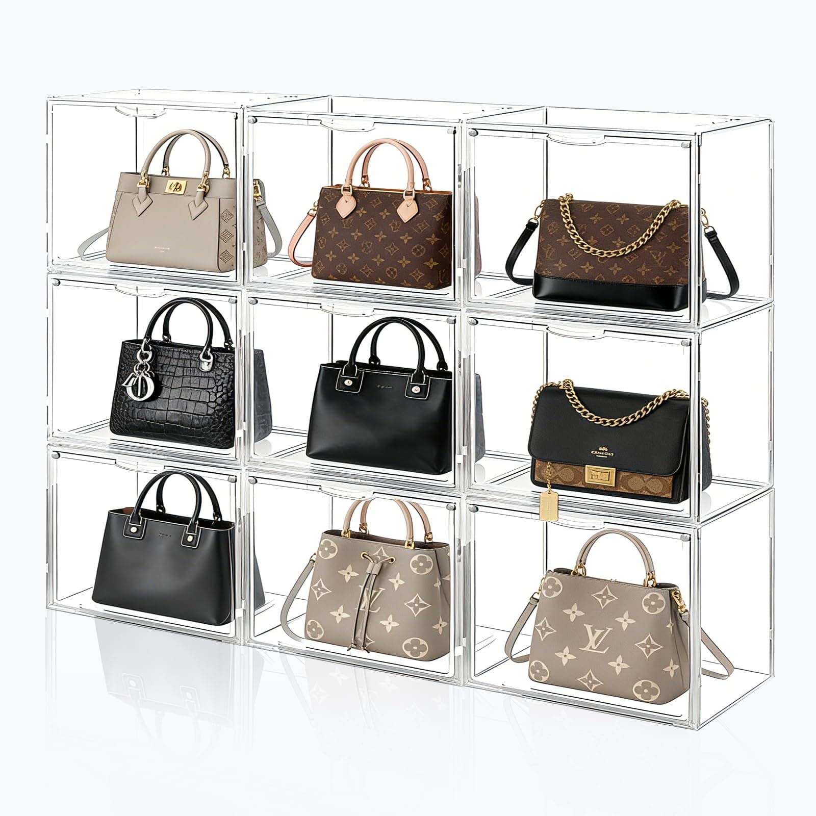 3 Pack Clear Acrylic Purse Organizer for Closet, Stackable Handbag Storage Boxes with Magnetic Doors, Dustproof Display Cases for Bags, Shoes & Collectibles