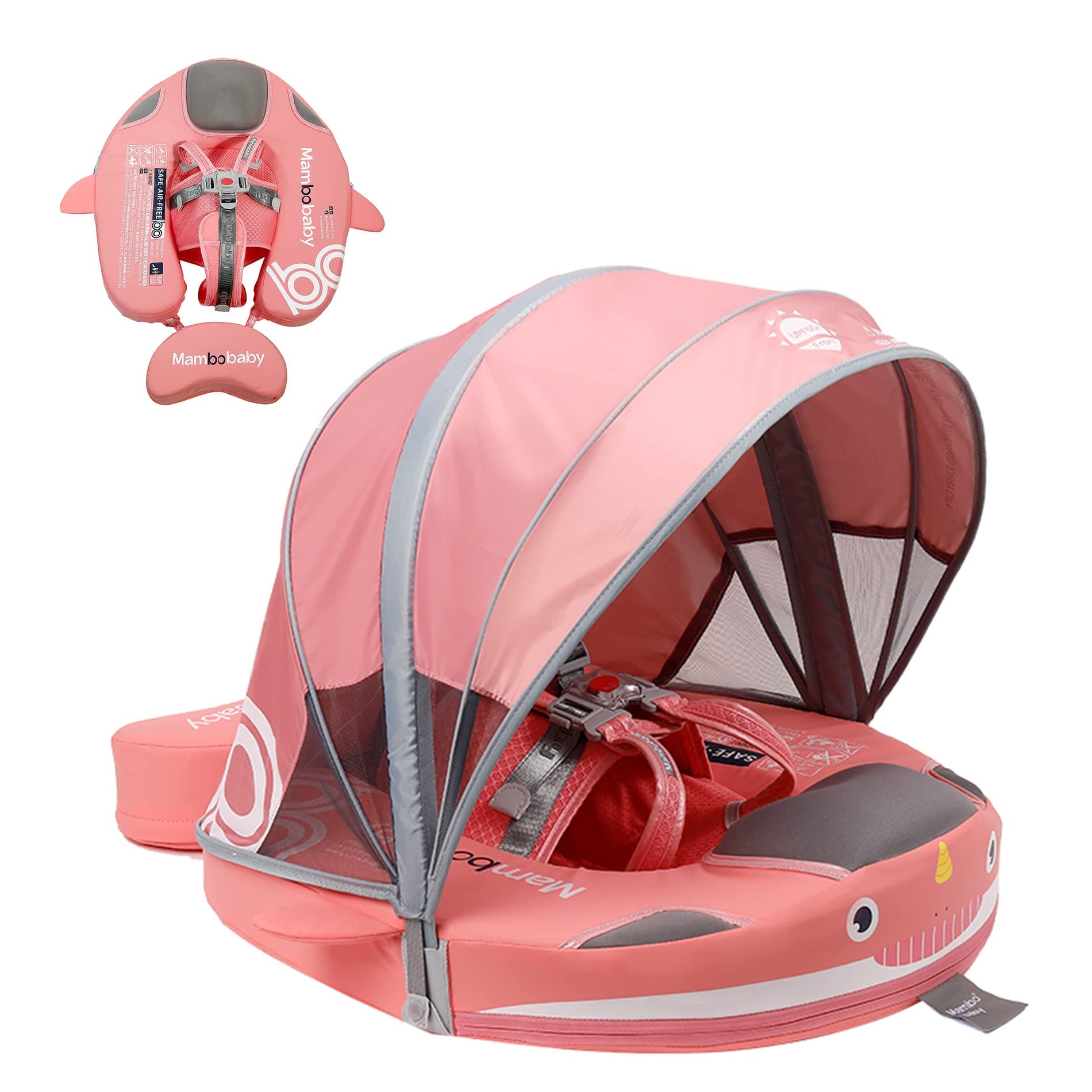 Mambobaby Floats with Canopy &Tail, Non-Inflatable Baby Float for Pool Add Tail Avoid Flip Swim Trainer Baby Floats for Toddler Boys Girls(Narwhal-Pink)