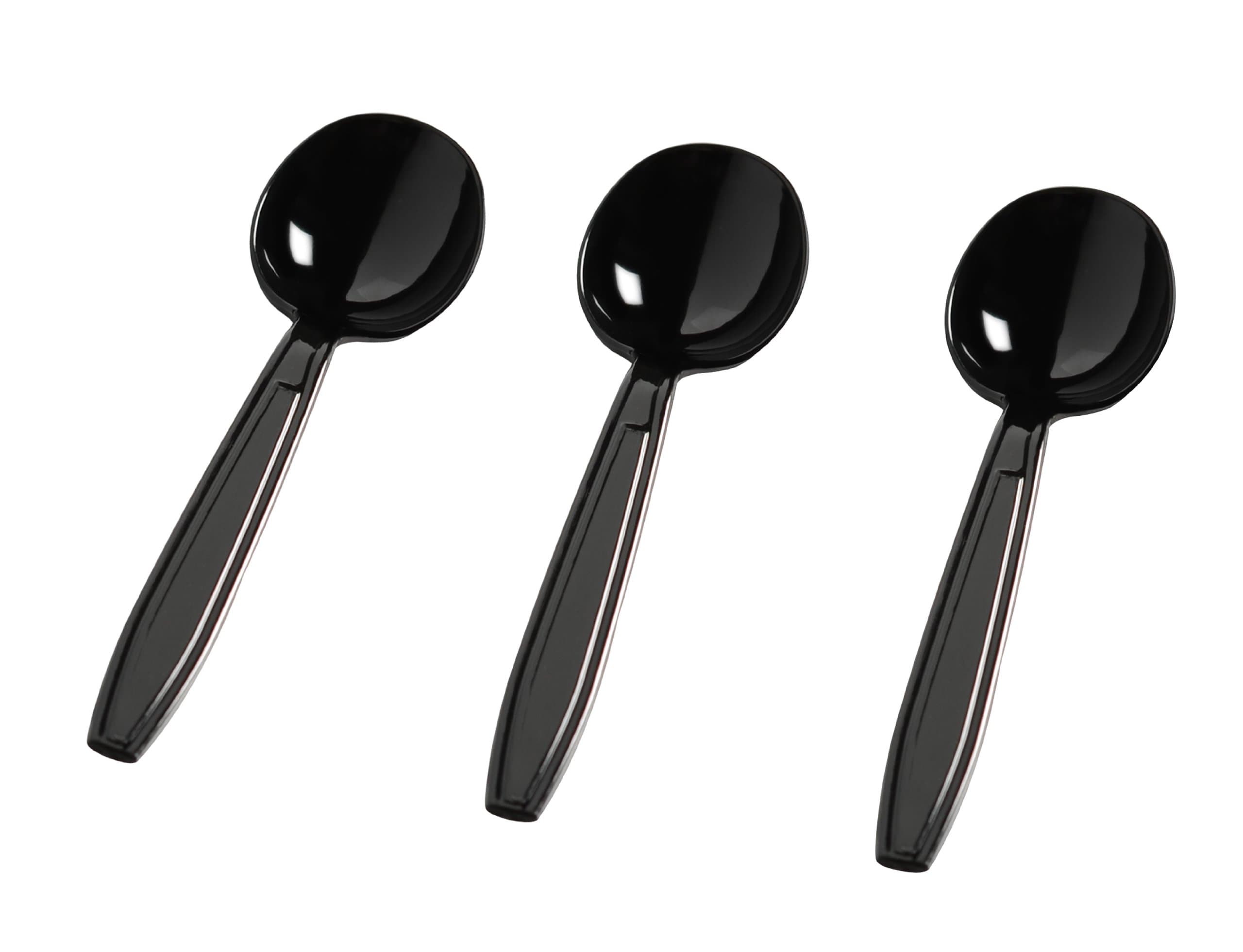 Fineline Settings Disposable Plastic Black | Flairware Collection | Pack of 50 Soup Spoon, 9.50 Inches