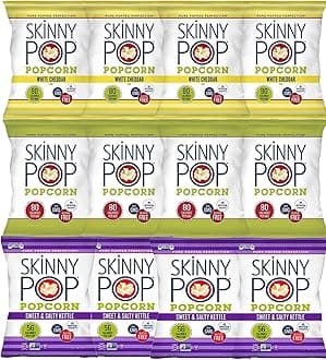Skinny Pop Variety 12-Pack, Sweet & Salty Kettle, White Cheddar, Original, 12-0.5/0.8 oz Individual Bags