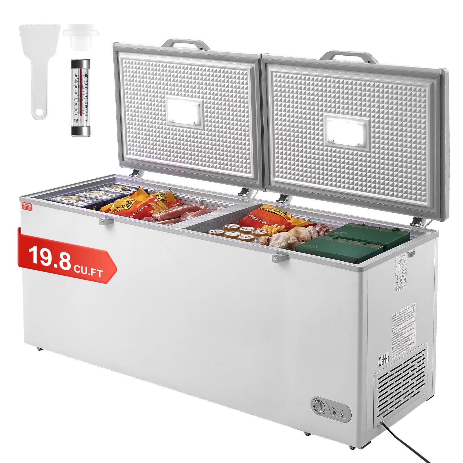 VEVOR Chest Freezer, 19.8 Cu.ft / 561 L Large Deep Freezer with Split Top Double Locking Lids, Freestanding Commercial Chest Freezer & 4 Removable Baskets, 7-Level Adjustable Temp, LED Light, 6 Wheels