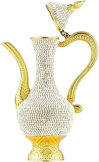 Steel Water Bottle Pitcher with Zirconia Stones | Handmade Metal Carafe Water Tea Coffee Jug Vintage Bottle | Turkish Ottoman Zamzam Pitchers (470 ML / 16 Oz, Zirconia Stone, Gold Color)