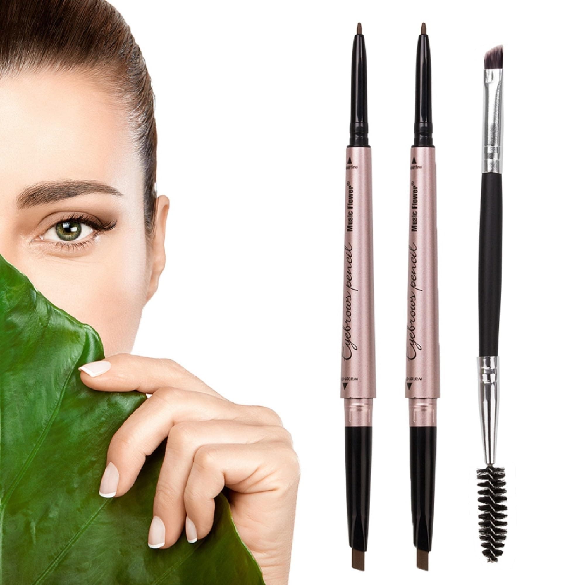 2 Pack Eyebrow Pencil, Waterproof Eyebrow Makeup with Dual Ends, Professional Brow Kit with Eyebrow Brush, Light Brown