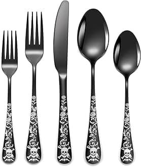 Skull Black Silverware Set for 8, 40-Piece Pirate Rose Flatware Set, Gothic Skeleton Flower Bat Knive Fork Spoon Cutlery Dinnerware for Decoration,Halloween horror,Christmas, Party, Gift,Housewarming
