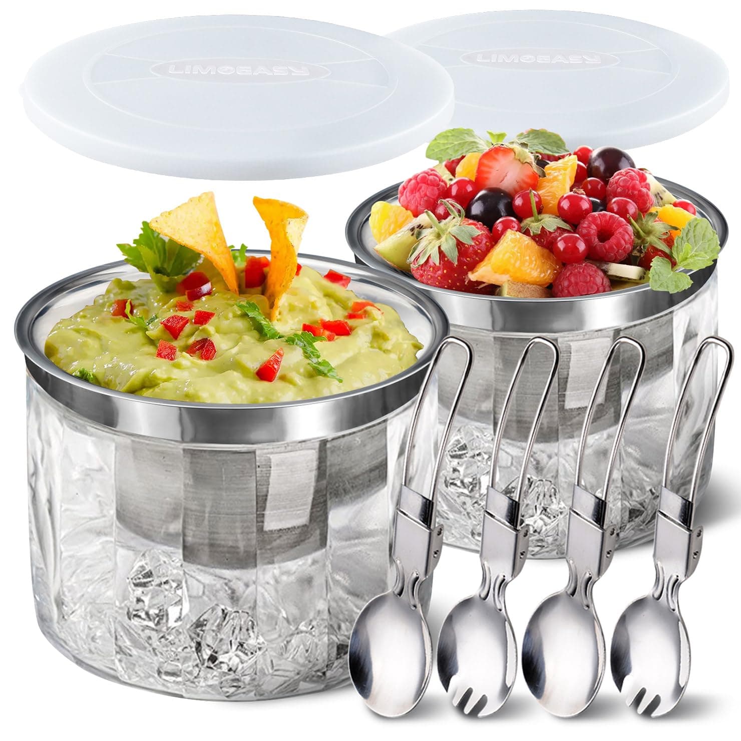 LIMOEASY Chilled Dip Bowl (2 Pack), 25oz Ice Serving Bowl with Lid for Parties, Cold Serving Dish for Hummus, Salsa, Guacamole, Sauces, Pasta