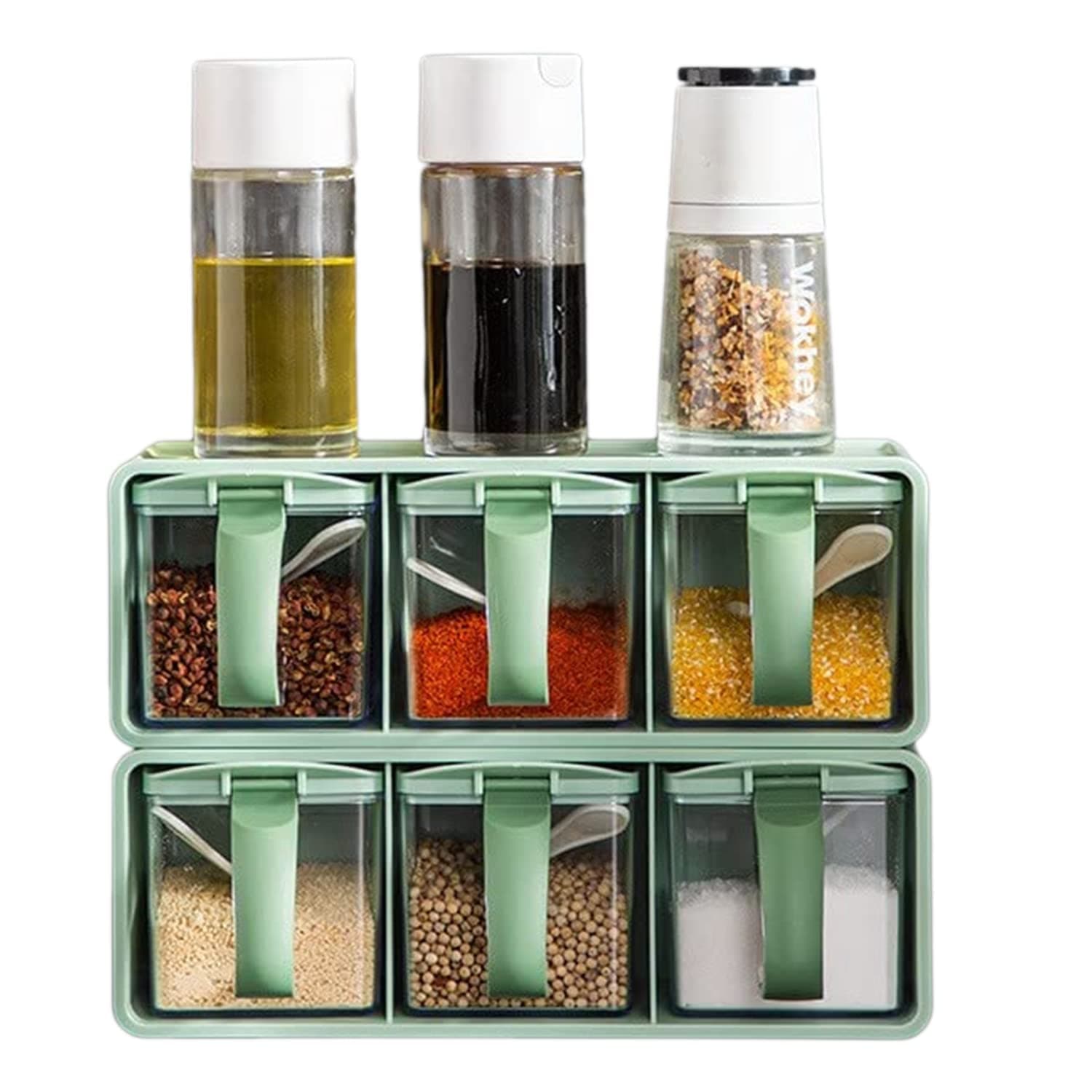 3pcs Storage Spices Jar Plastic 3 in 1 Spice Jar with Rack Box Serving Set with Cover and Spoon, seasoning Storage Spice Rack Set with Removable Jars for Salt Sugar Spices (randomly color)