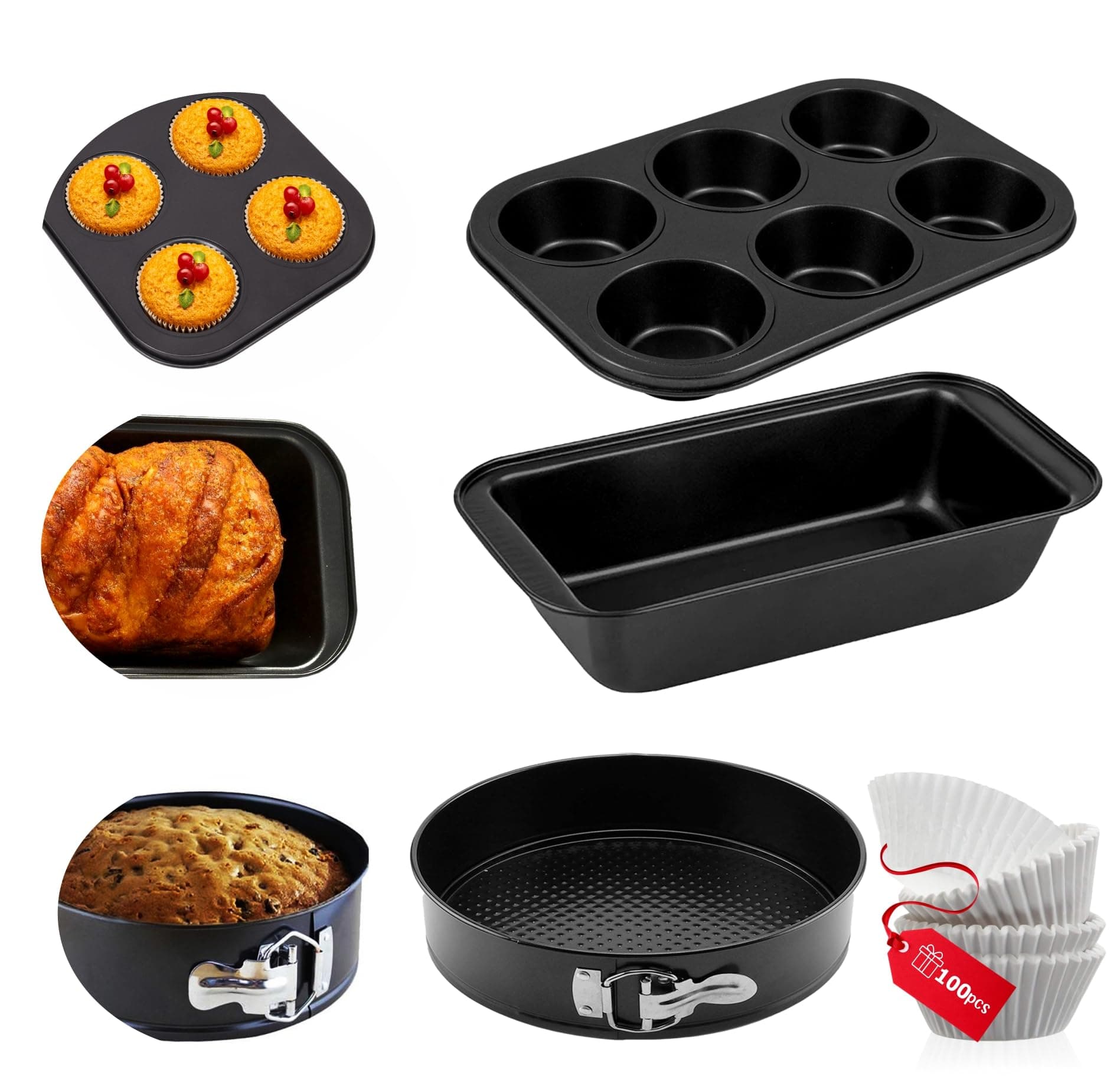 Casa Azul 3pcs Non-Stick Bakeware Cake Tin Set | Muffin Tray, Bread Mould & Round Cake Tins for Baking with 100 linear, BPA Free Carbon Steel Baking Pan Microwave & OTG Oven Safe Cake Mould for Baking