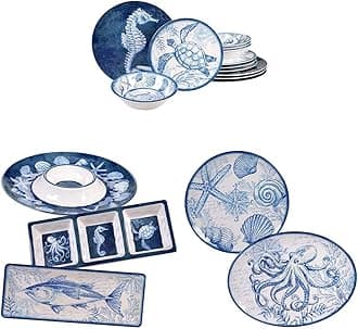 Certified International Oceanic 12 piece Melamine Dinnerware Set & Oceanic 3 Piece Melamine Hostess Serving Set, Multi Colored & Oceanic 2 Piece Melamine Platter Set, Multi Colored, Large