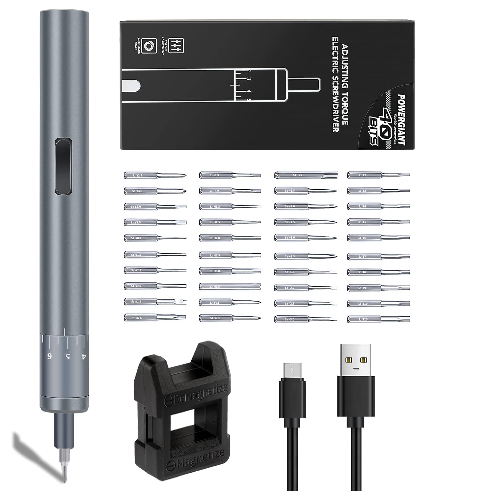 Mini Electric Torque Screwdriver, POWERGIANT Small Cordless Screwdriver Kit with 40 Precision Magnetic Bits, 8 Speeds, Rechargeable Power Repair Handy Tools for Smart Phone, Watch, Camera, Laptop